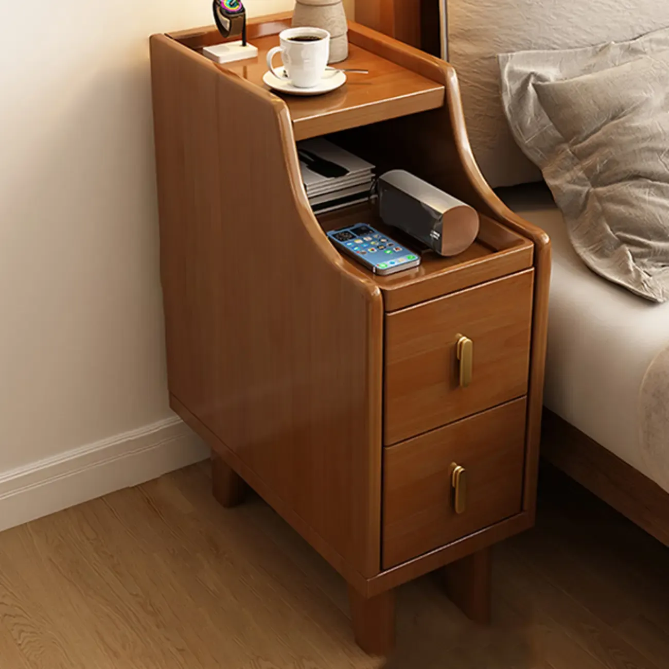 Narrow Small Walnut Wood Nightstand with Shelves