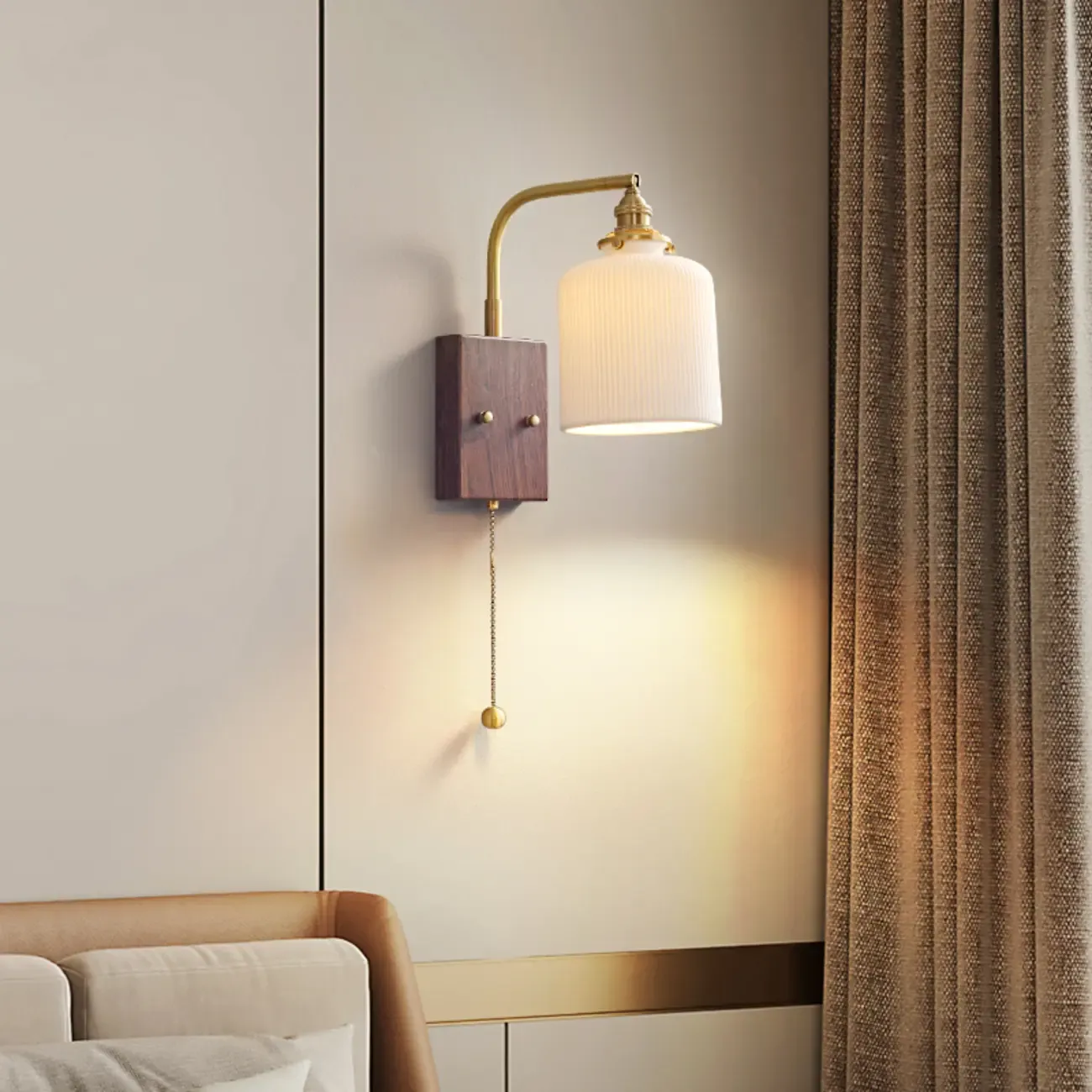 Vintage Pull Chain Swing Arm Wall Light with Wooden Base