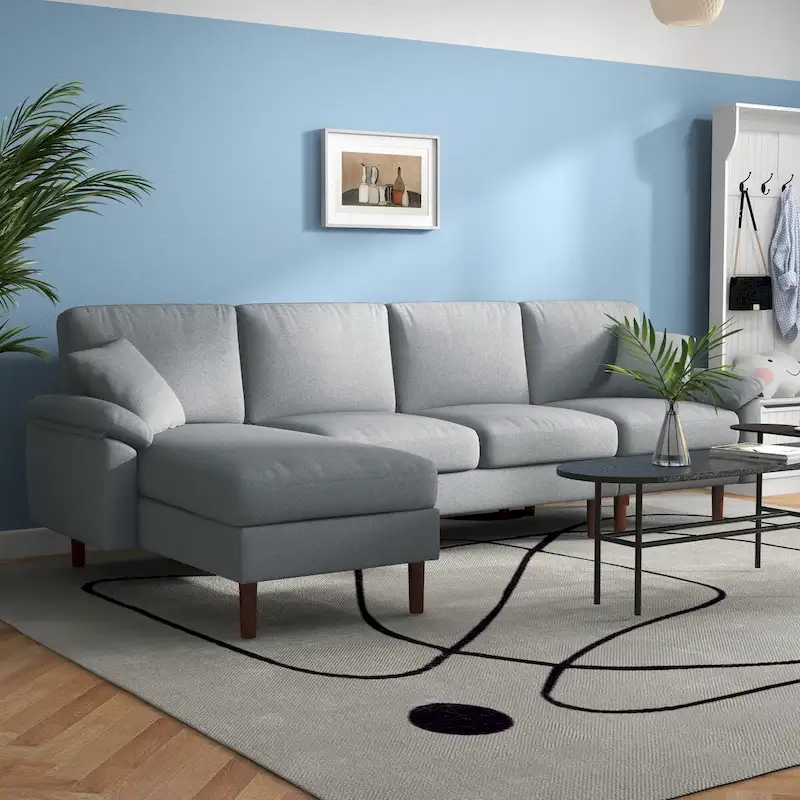 HOMCOM Fabric Sectional Couch with Reversible Sleeper Sofa, Modern L Shaped Sectional Sofa with Pillows, Wooden Legs