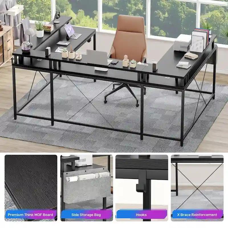 Reversible Shaped Large Computer Desk with Power Outlets