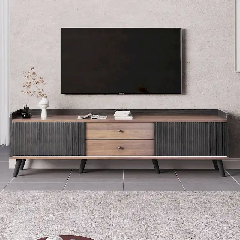 63 Inch Mid Century Modern TV Cabinet Dark Brown Black