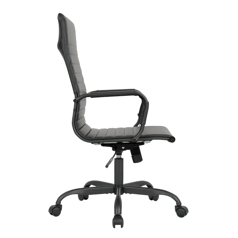 Ribbed Leather Adjustable High-Back Office Swivel Chair in Black Metal Frame