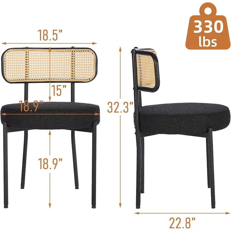 XINMICS Mid-Century Modern Dining Chairs, Boucle Upholstered Metal Side Chair with Rattan Cane Back, Set of 2 - set of 2
