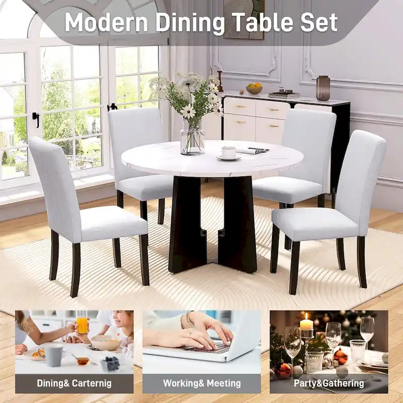 5 Piece Kitchen Table and Chairs Set, 4 People Round Dining Table Set, 4 Upholstered Chairs with Rubber Wood Legs