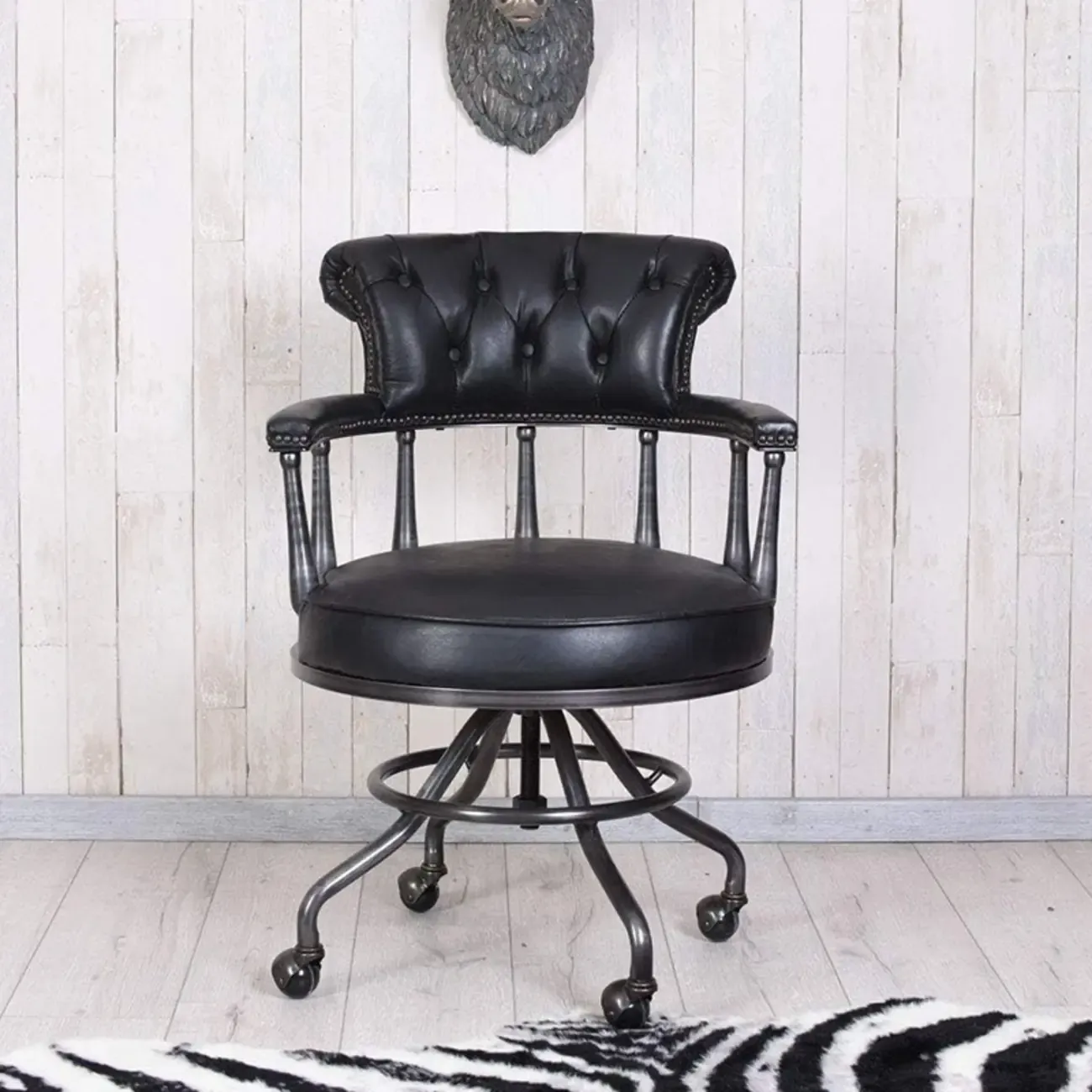 Black Chesterfield Office Chair in Antique Leather