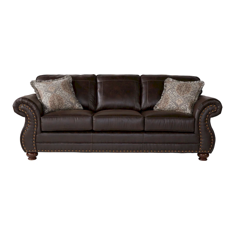 Roundhill Furniture Leinster Fabric Upholstered Nailhead Sofa and Loveseat Set in Espresso