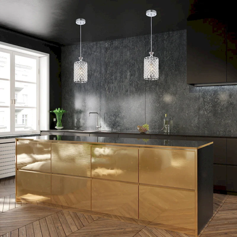 Chrome 1-Light Round Beaded Drum Pendant with Crystals