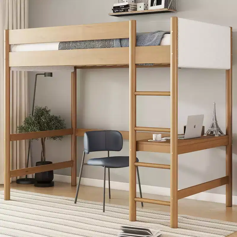 GDFStudio Kelsen Modern Rubberwood Twin Size Loft Bed with Desk and Boucle Upholstered Headboard
