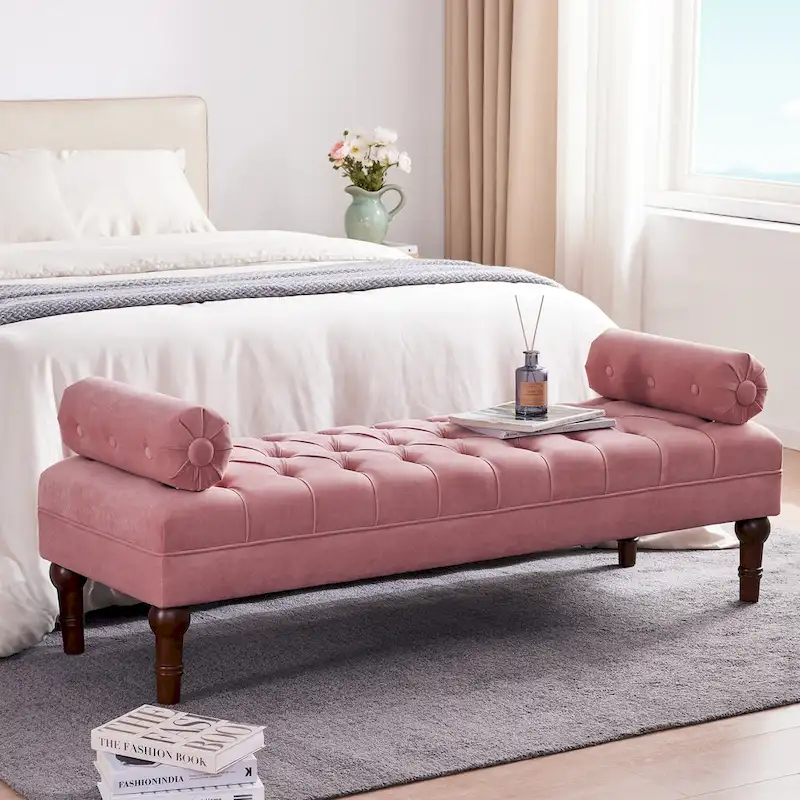Velvet Bedroom Bench Pink/ Beige/ Blue/ Gray Upholstered Bench with Button-Tufted 60.2.