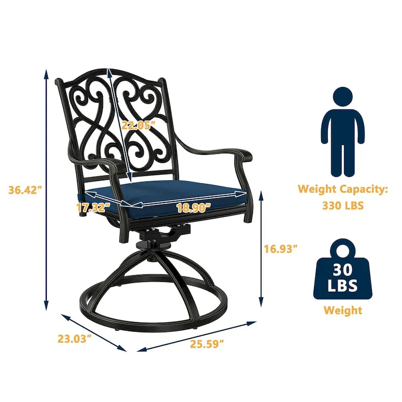 Patio Cast Alum Carved Swivel Dining Chairs with Cushions(Set of 2)