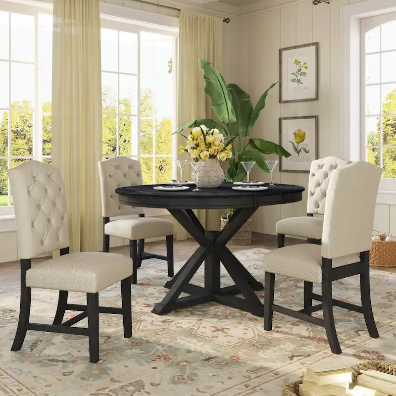 Dining Table Set with Extendable Table and 4 Upholstered Chairs