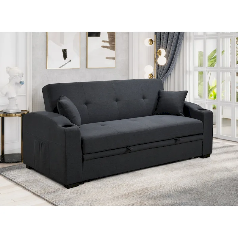 Roomfitters 75 Inch 3 in 1 Convertible Modern Sofa with Convenient Pull Out Bed, Reclining Backrest, Cup Holders, Pillows