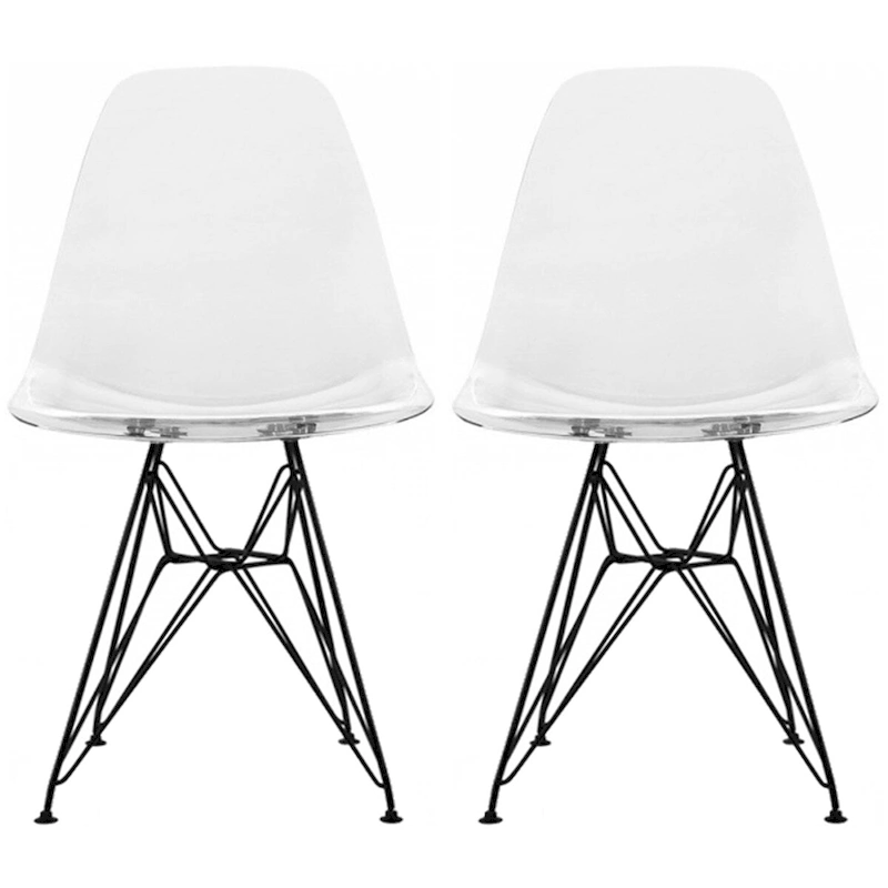 Set of 2 Mid-Century Modern Dining Side Chairs Armless Plastic Shell Seat with Black Metal Wire Eiffel Base, White