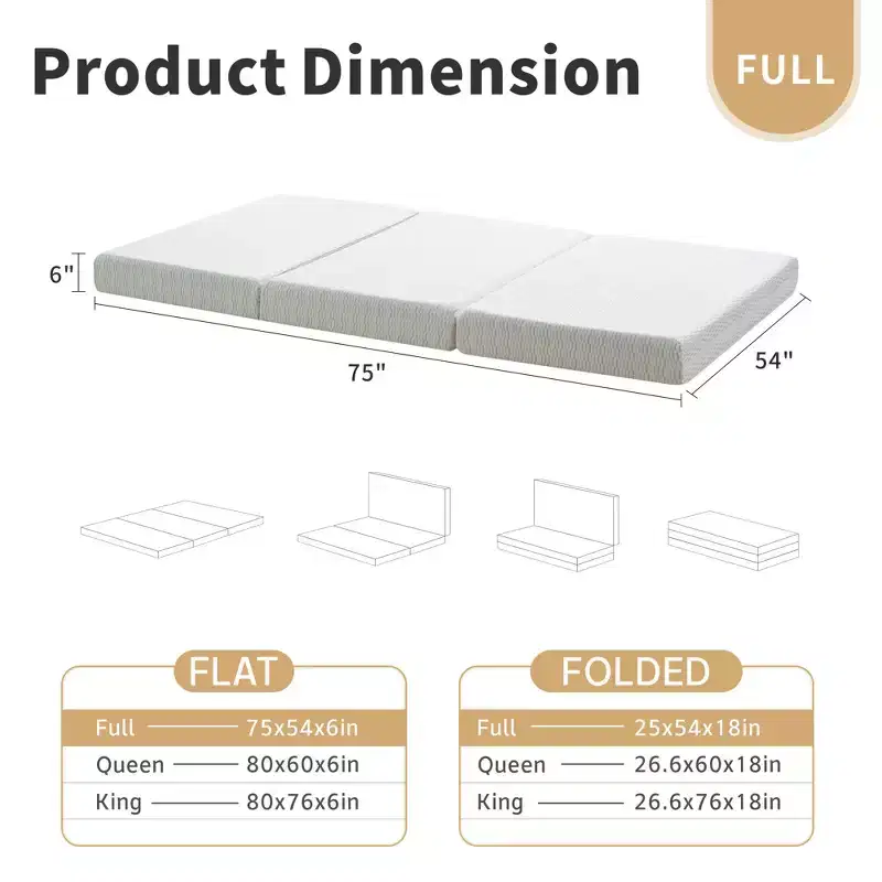 White Tri-Fold Memory Foam Mattress, Medium Firm, 1-Person — Full / Queen / King