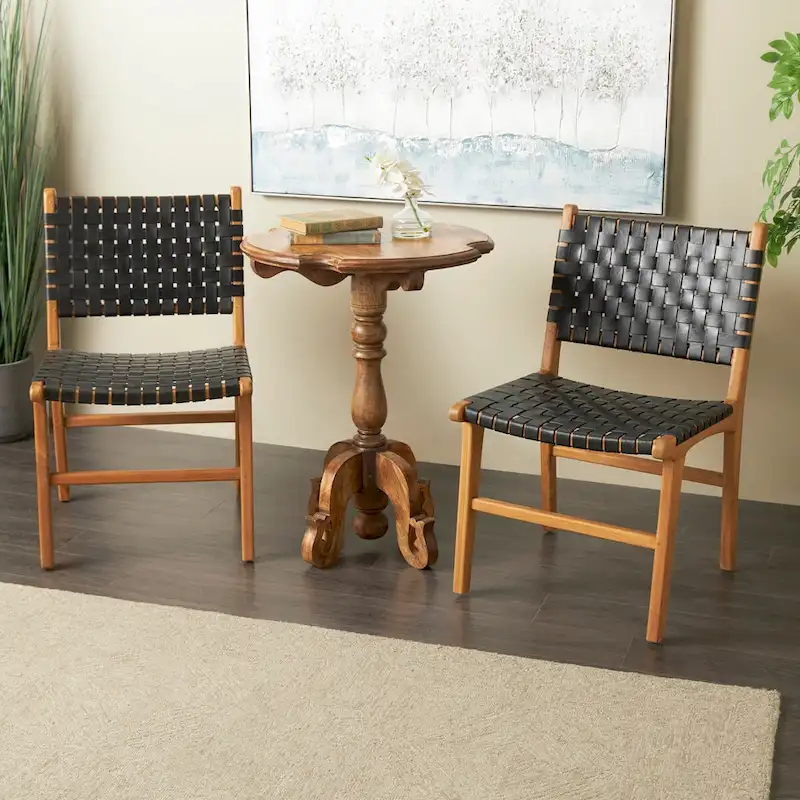 Woven Leather Dining Chairs with Teak Wood Frame - Set of 2