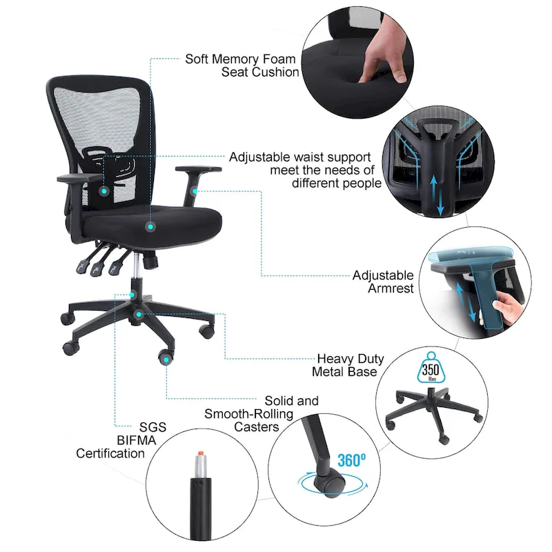 ALPHA HOME High Back Mesh Office Chair Adjustable Headrest, Armrest, Rolling Swivel Reclining Chair