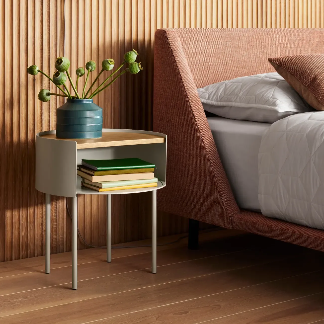 Round Shape Metal Bedside Table with Open Storage Wooden Top