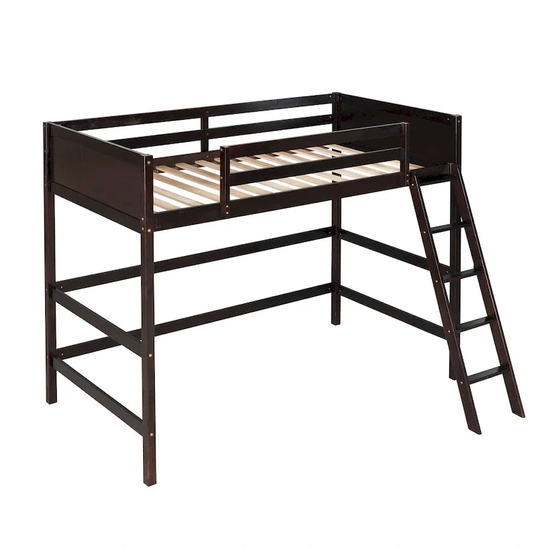 Espresso Twin Solid Wood Loft Bed with Ladder & Fence