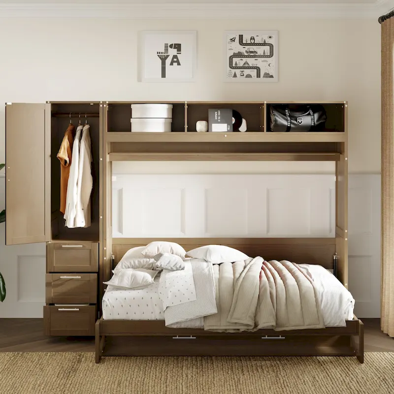 Wood Full Size Murphy Bed with Wardrobe, Drawers & Shelves