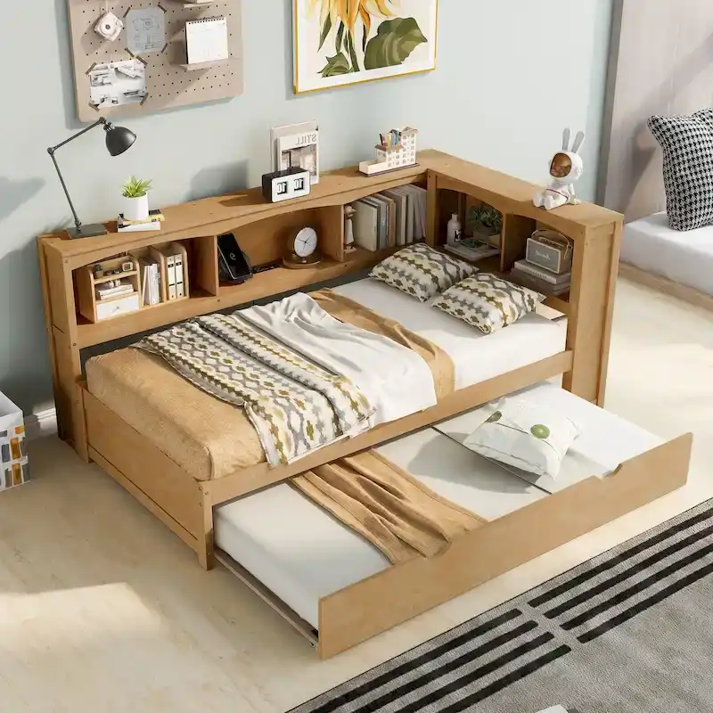 Twin Wooden Daybed with Trundle, Cabinets, and Charging Stations