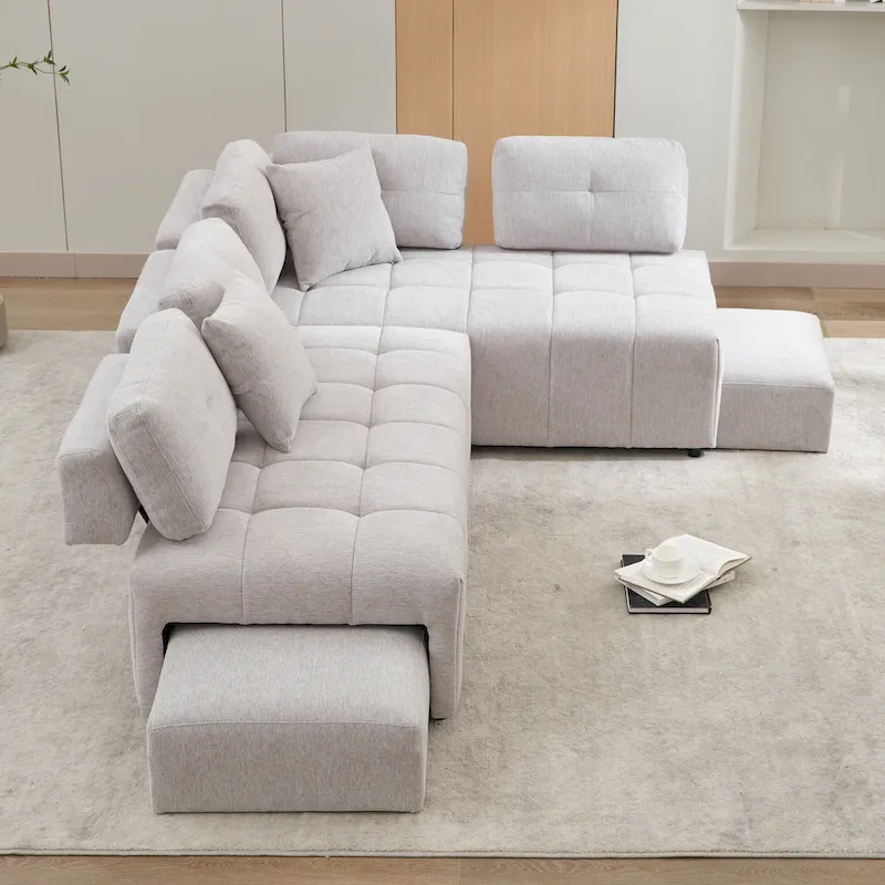 91.73  L-Shaped 4 Seater Sectional Sofa with 2 Hidden Stools, 2 Removable Lumbar Pillows, and Durable Chenille Upholstery