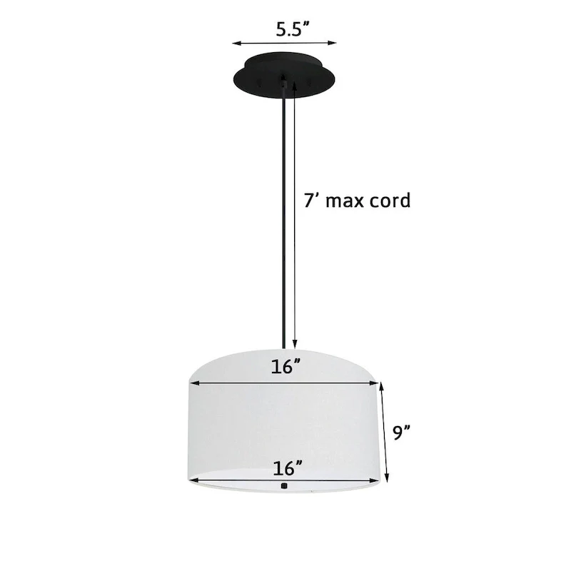 16  W 2 Light Pendant White Linen Drum Shade with Diffuser, Black Cord