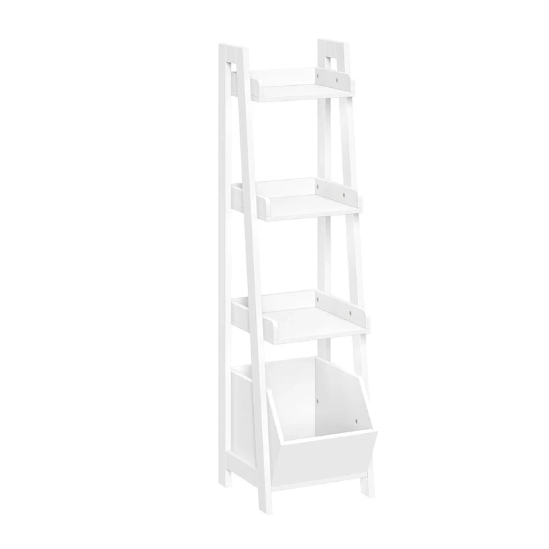 Amery 4-Tier 13in Ladder Shelf with Display Shelf and Storage Organizer Bin - White