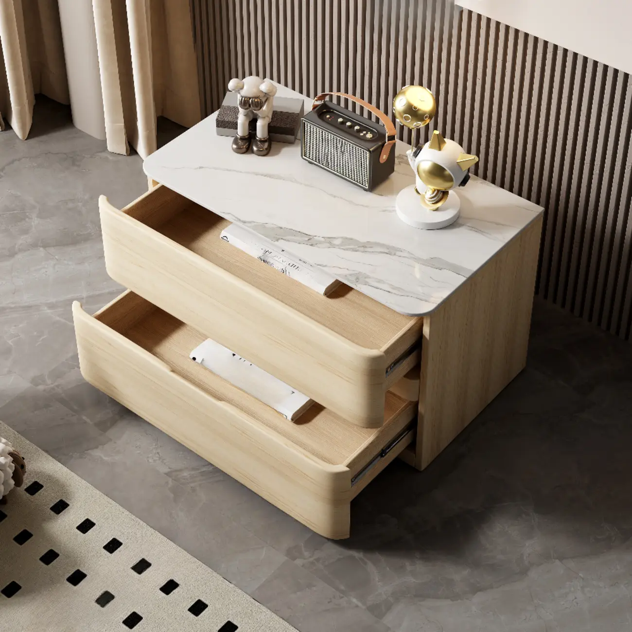 Modern Stone Top Wooden White Bedside Table 2 Drawers