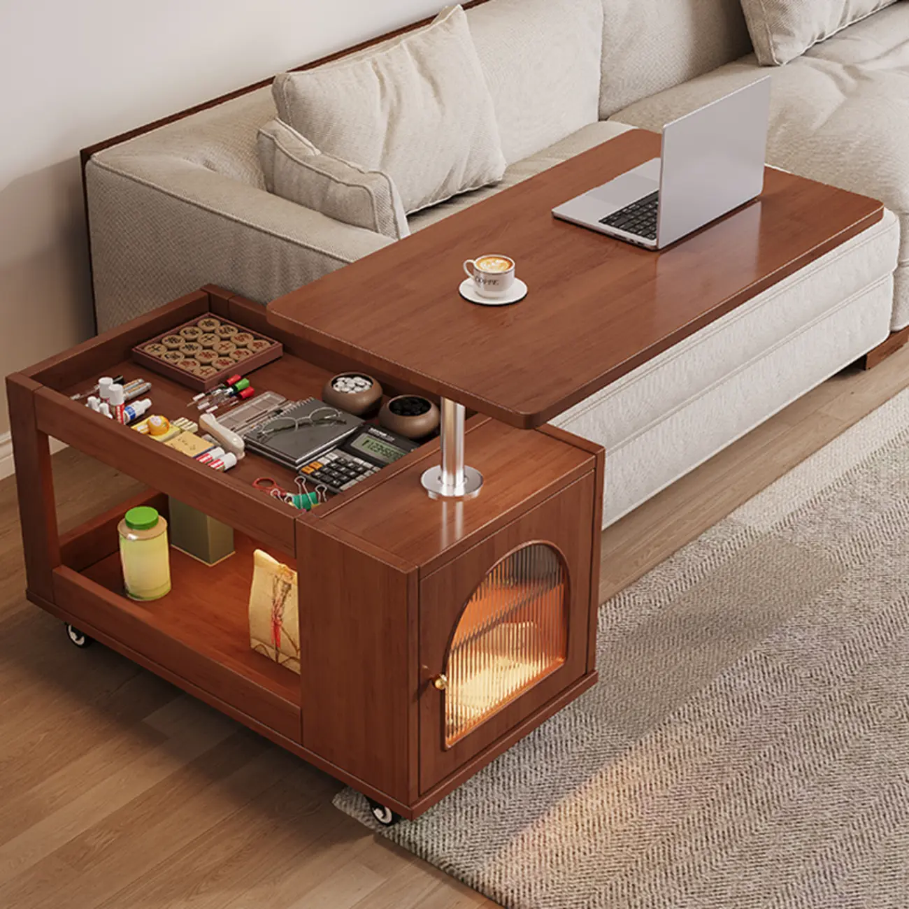 Adjustable Swivel Top Walnut Wood Wheel Side Table