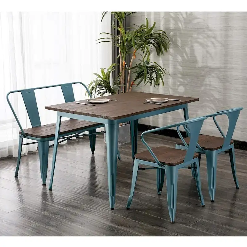 Dining Bench, Entryway Bench with Back, Farmhouse Metal Dining Bench, Industrial Mid-Century 3 Person Bench, Wood Seat