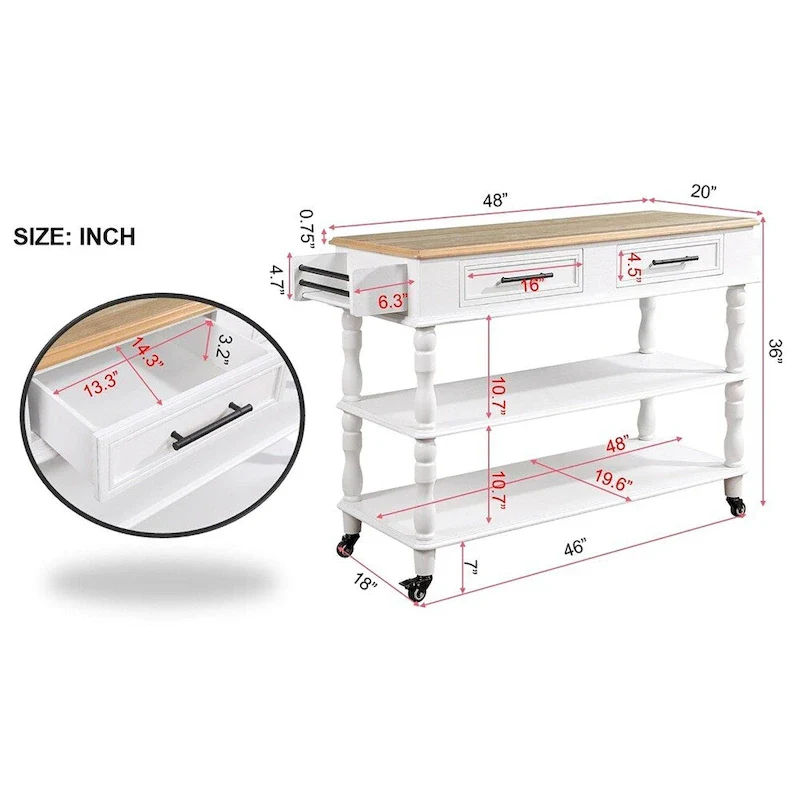 Rolling OAK Wood Top Kitchen Cart with Wine Rack and 2 Drawers