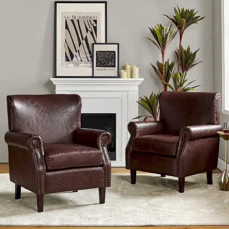 Vegan Transitional Armchair with Rolled Arms Set of 2