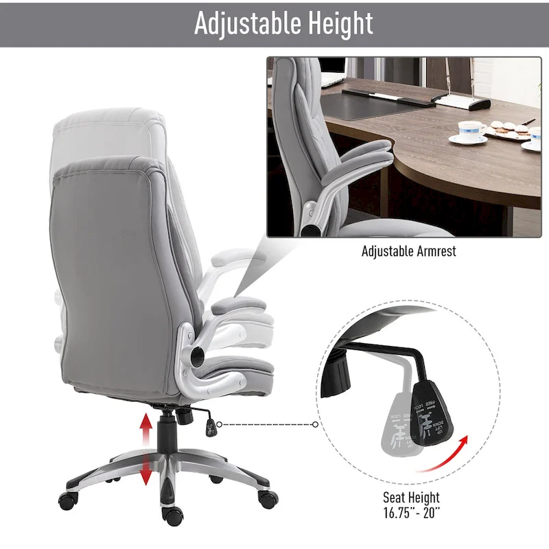 High Back 360 Swivel Ergonomic Home Office Chair with Flip Up Arms, Faux Leather Computer Desk Rocking Chair, Grey