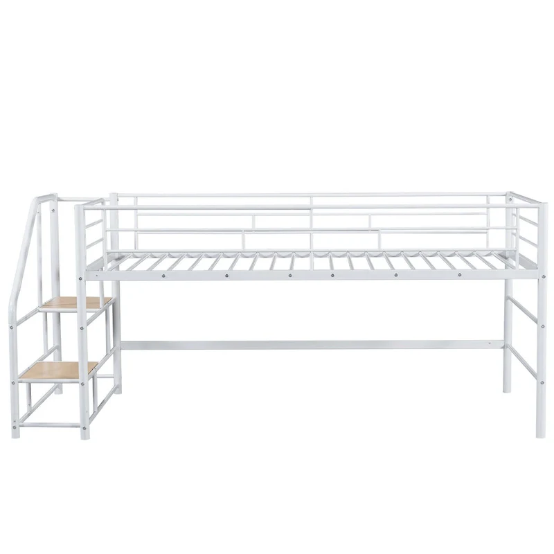White Twin Size Metal Mid Loft Bed with Storage Stairs and Fence