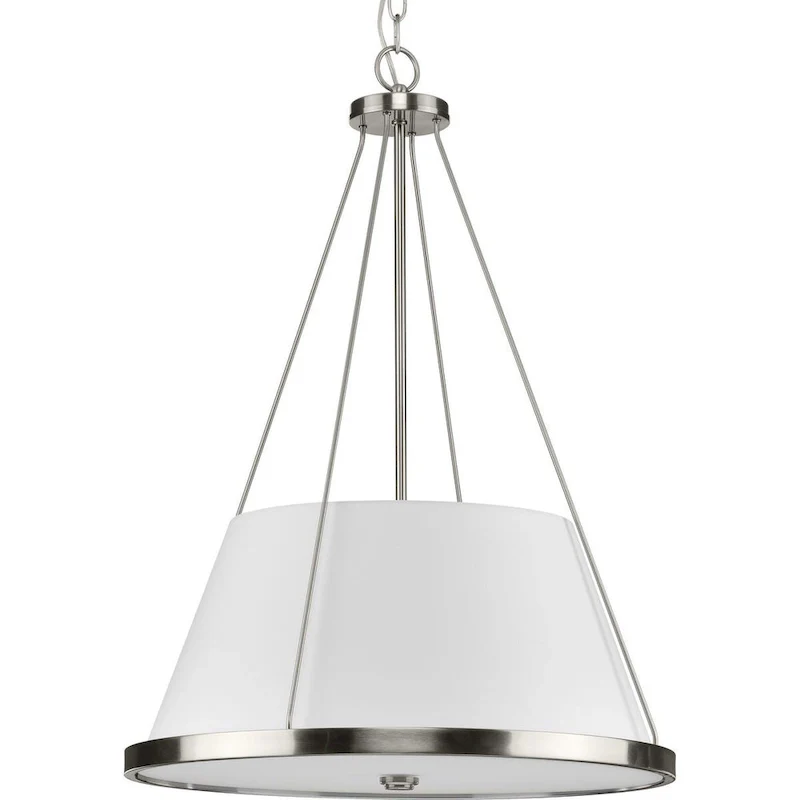 Saffert Collection Three-Light New Traditional Brushed Nickel White Linen Shade Pendant Light - 22 in x 22 in x 30 in