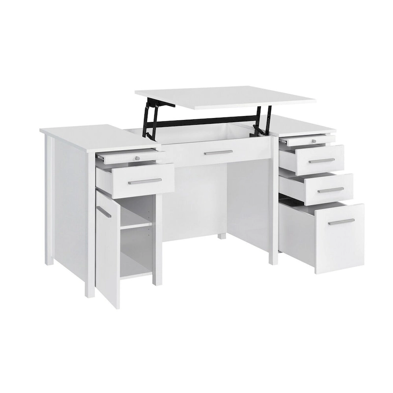 Wim 60 Inch Lift Top Office Desk, 4 Drawers, 2 Pull Out Trays, Glossy White