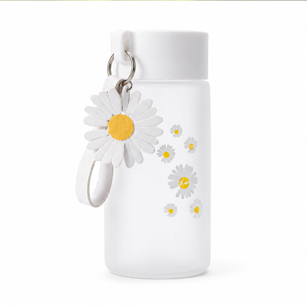 550ML Frosted White Daisy Water Bottle with Charm and Lanyard