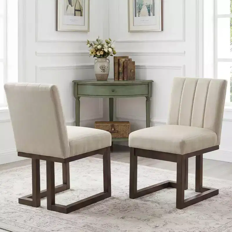 Beige+Gray / Walnut Farmhouse Upholstered Dining Chair, Armless, 2/4 PCS