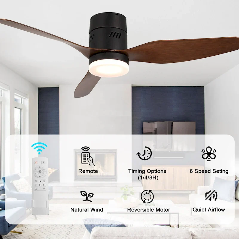 Bella Depot 46  Flush Mount Ceiling Fan with LED Light and Remote 6-Speed Reversible Fan