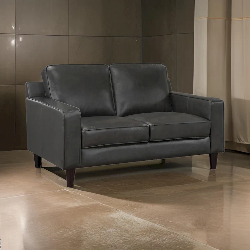 60 Inch Loveseat, Gray Top Grain and Faux Leather, Solid Wood