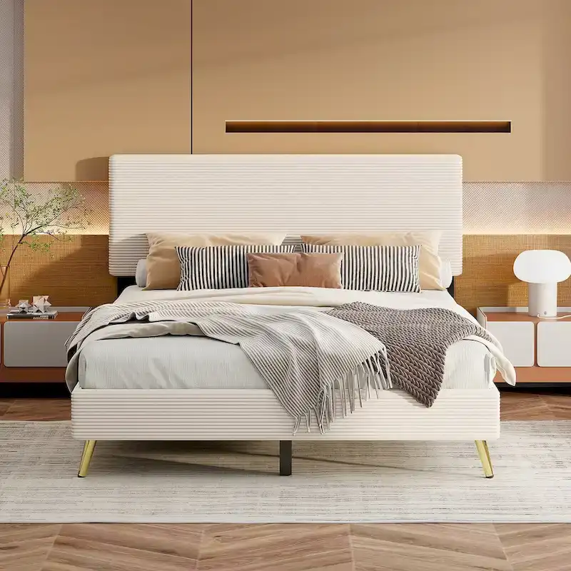 Wood Frame Queen Platform Bed Frame with Horizontal Stripe Headboard Upholstered Bed Frame Wood Slat,No Box Spring Needed