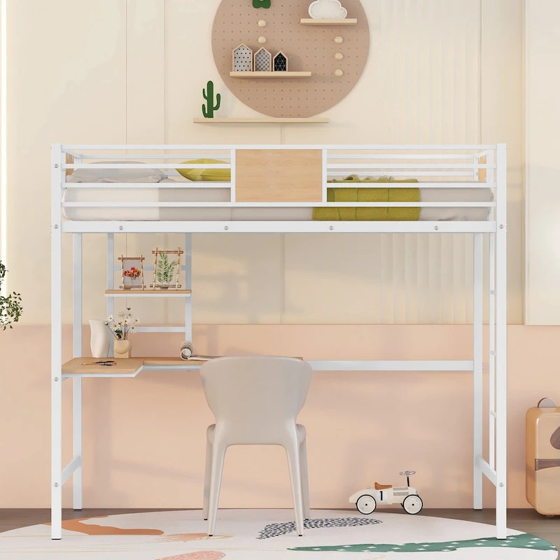 White Twin Size Metal Loft Bed with Desk and Shelves for Kids