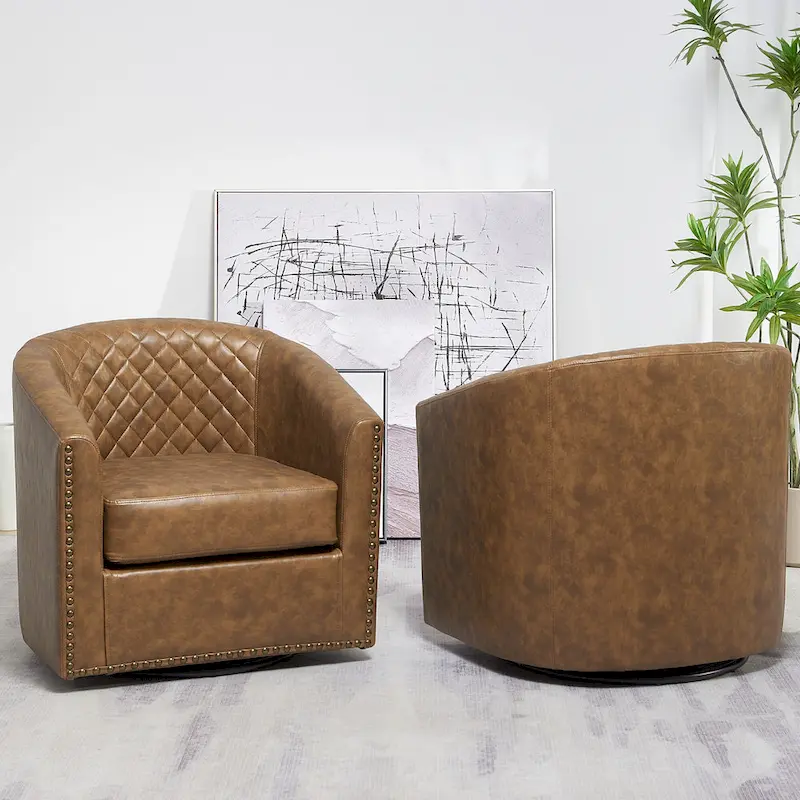 KINWELL 29 Wide Tufted PU Leather Swivel Barrel Chair (Set of 2)