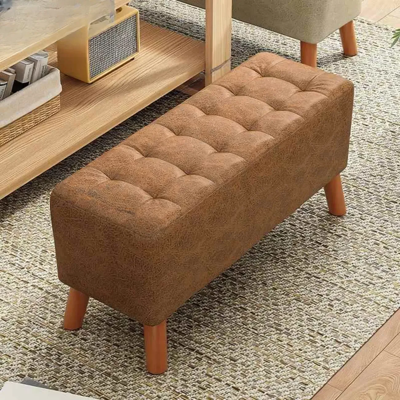 Modern Upholstered Brown Rectangular Bench for Living Room
