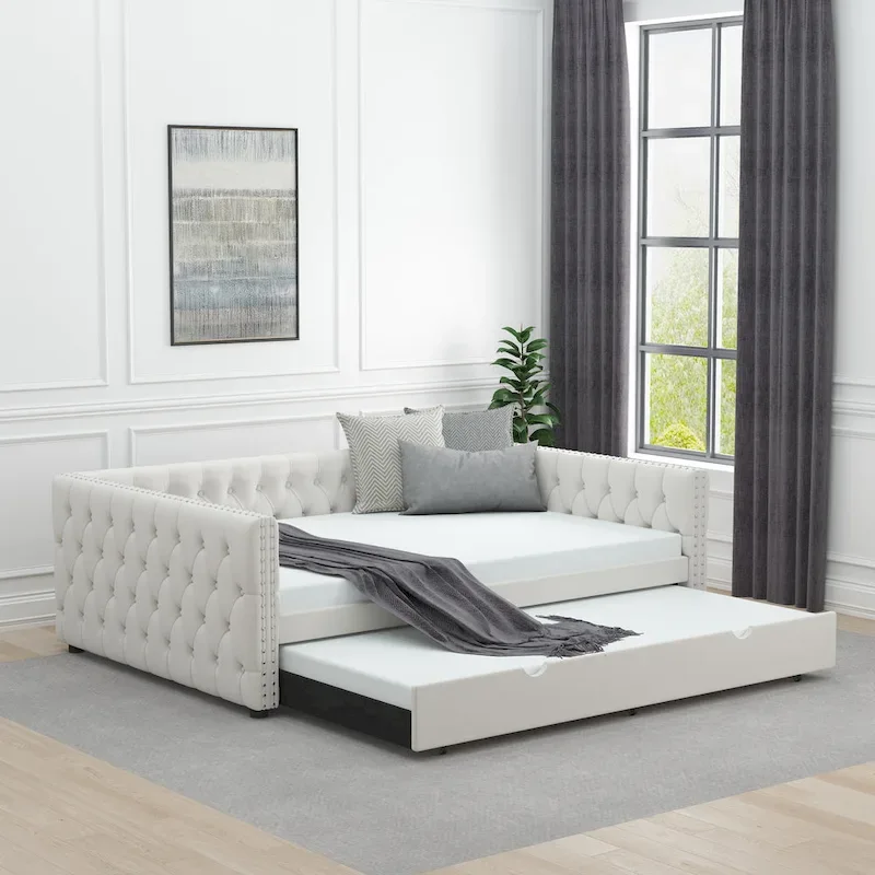 Daybed with Trundle Velvet Upholstered Tufted Sofa Bed, with Button and Copper Nail onSquare Arms,Full Daybed & Twin Trundle