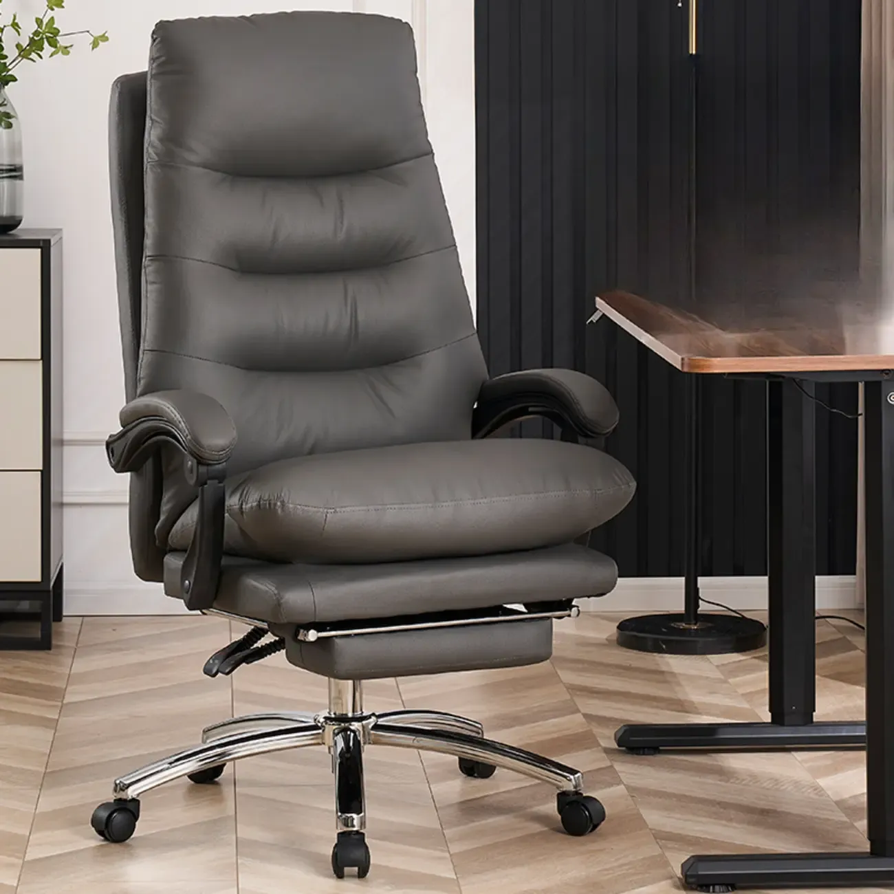 Reclining Beige Leather Adjustable Swivel Office Chair