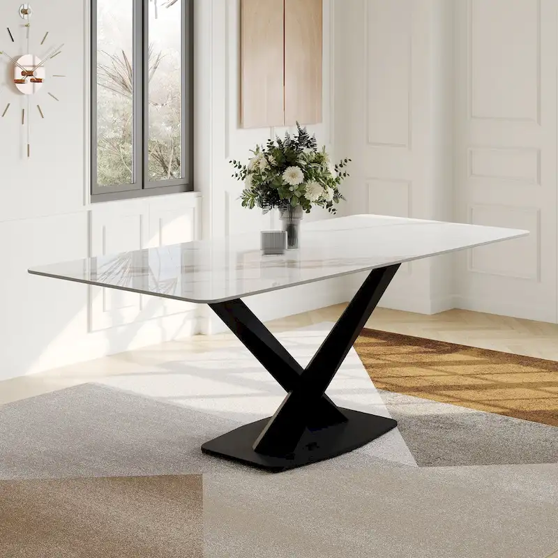 Modern Rectangular Dining table with Glossy Sintered Stone Table top, White Kitchen Table