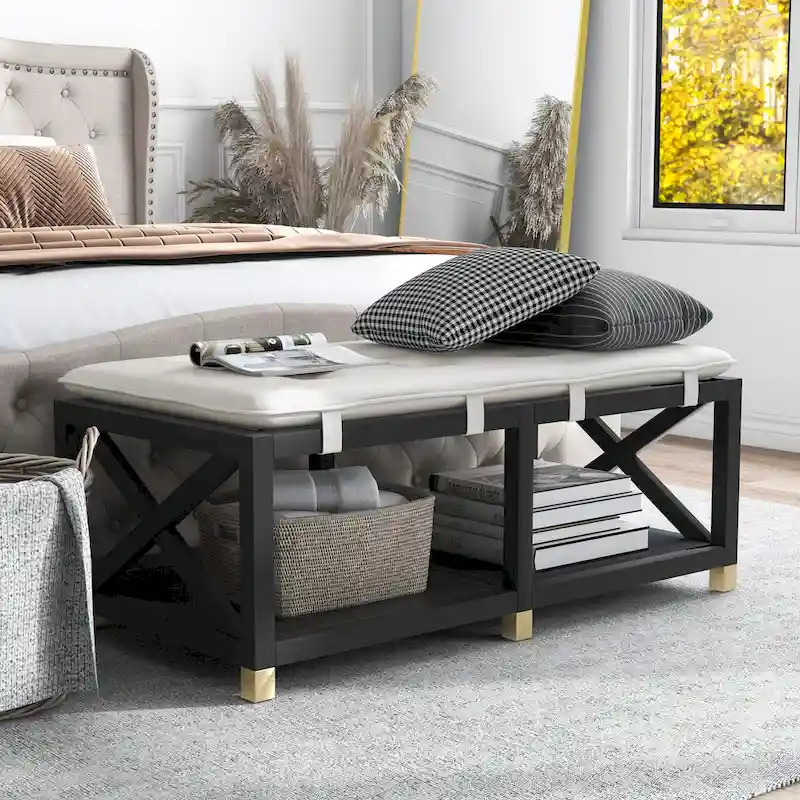 Transitional Wood Storage Bench with Removable Faux Leather Cushions by Furniture of America