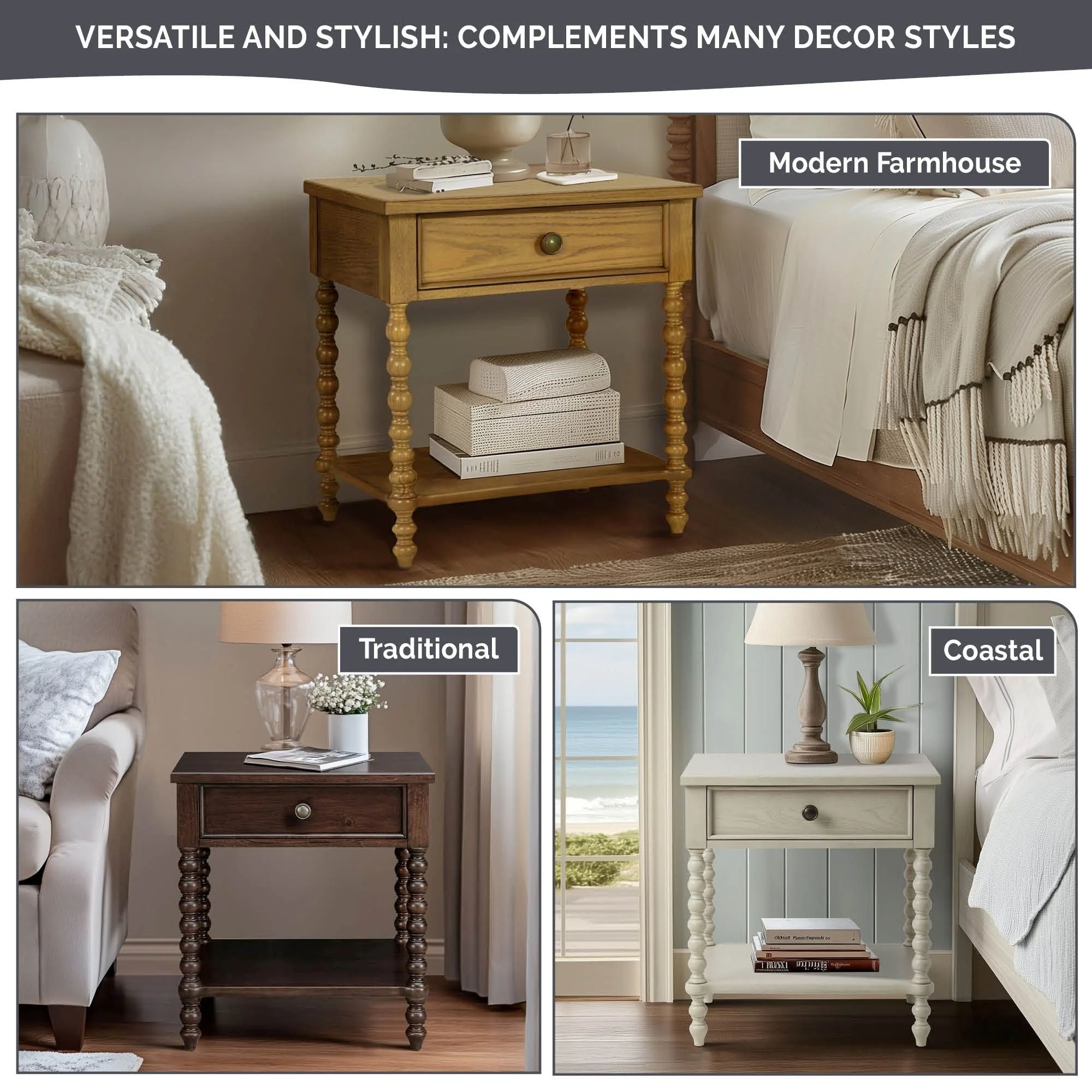 Madison Park Signature Beckett Turned Wood Spindle Nightstand with Drawer & Shelf