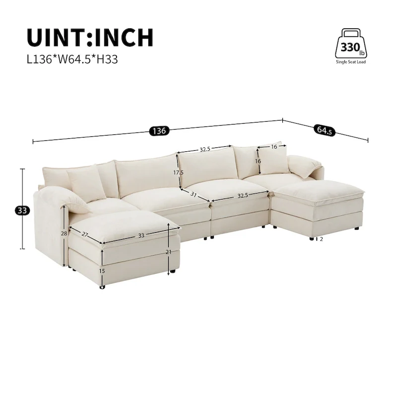 Chenille Modular Sectional Sofa, U Shaped Cloud Upholstered Couch Set